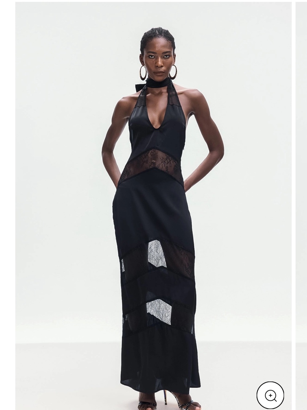 Elegant Black Backless Halter Maxi Dress with Lace Insets